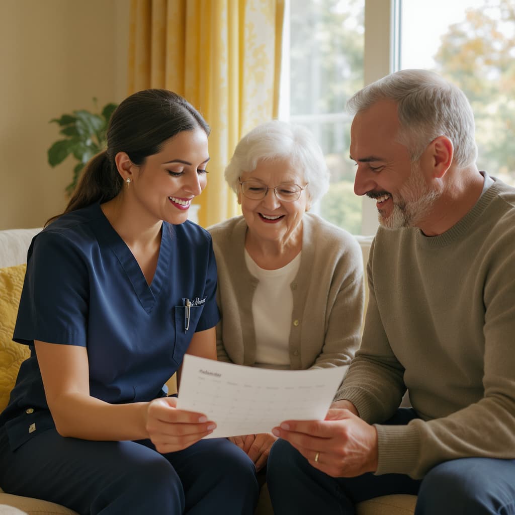 A nurse navigator reviews a care calendar with an older woman and her adult son at home.
