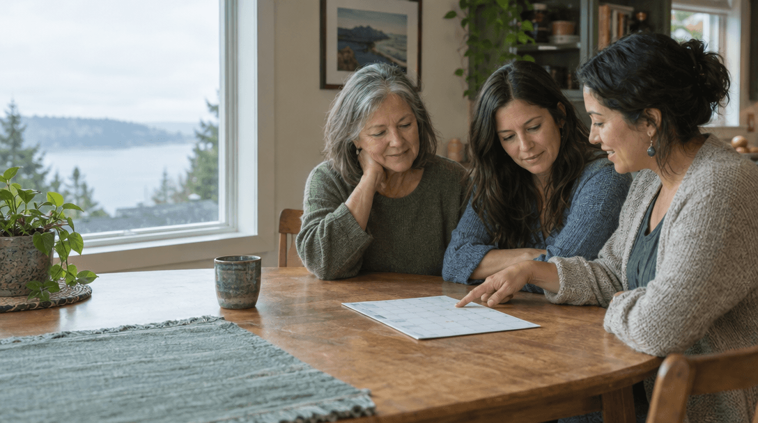 An older woman and her adult daughter look over an appointment calendar together at home.